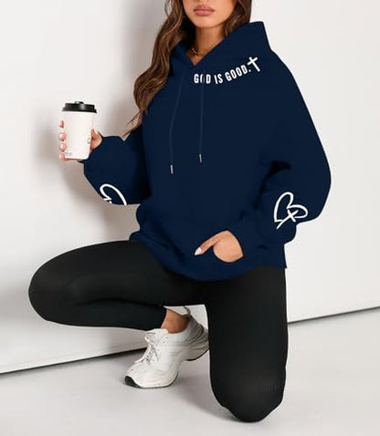 FAYALEQ Christian Sweatshirt For Women God Is Good Hoodies Graphic Tops - color: Dark Blue, size: Large