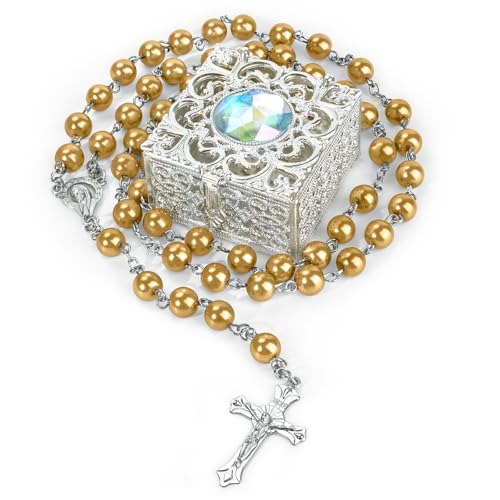 Dark Gold Pearl-Style Rosary Necklace with Metal Gift Box, 8mm, 22 Inch - color: Dark gold