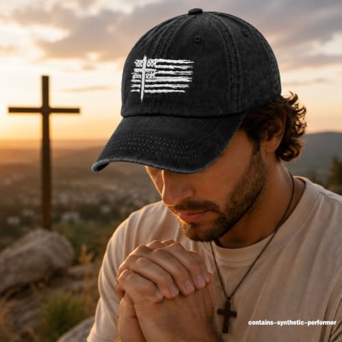 Christian Hats for Men Cross America Flag Washed Baseball Cap