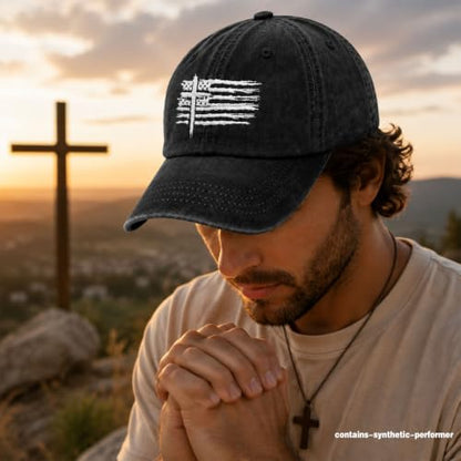 Christian Hats for Men Cross America Flag Washed Baseball Cap