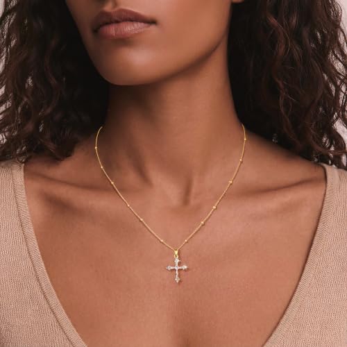 Cross Necklace for Women,14K Gold Plated Cross Pendant Necklace Jewelry - color: GD-Beads