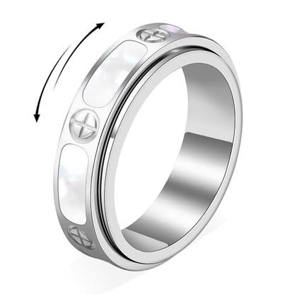 Fidget Ring for Women - Mother of Pearl Shell Cross 18K Gold Plated Love Ring Anxiety Relief Non Tarnish Stainless Steel Stackable Engagement Band - color: Silver, size: 6