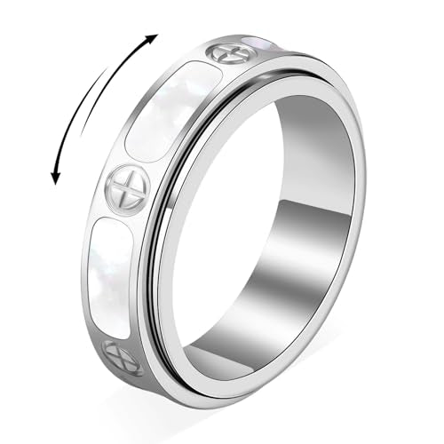 Fidget Ring for Women - Mother of Pearl Shell Cross 18K Gold Plated Love Ring Anxiety Relief Non Tarnish Stainless Steel Stackable Engagement Band - color: Silver, size: 7