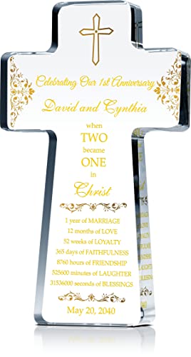 Personalized Christian Gift for 1st Wedding Anniversary, Crystal Standing Cross Customized with Couple names and Religious Anniversary Wishes in Traditional 1st Anniversary Colors (M - 9")