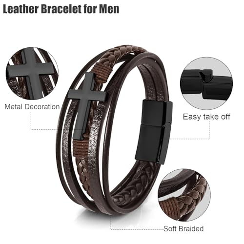 Leather Bracelet for Men Braided Stainless Steel Mens Bracelets - color: Brown-BlackCross