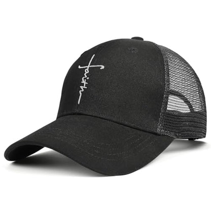 Christian Hats Jesus Cross Embroidered Trucker Hat – Cotton Mesh Cap for Men & Women, Adjustable Snapback, Breathable Design - color: Faith