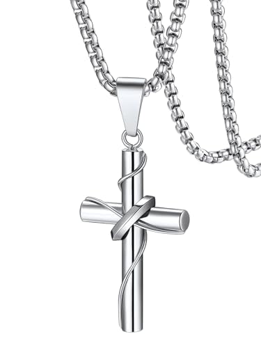FaithHeart Stainless Steel Cross Necklace for Men, Silver/Black/Gold Cross Chains for Men Religious Amulet Necklaces Christian Gifts for Dad - style: Wrap Cross-Silver