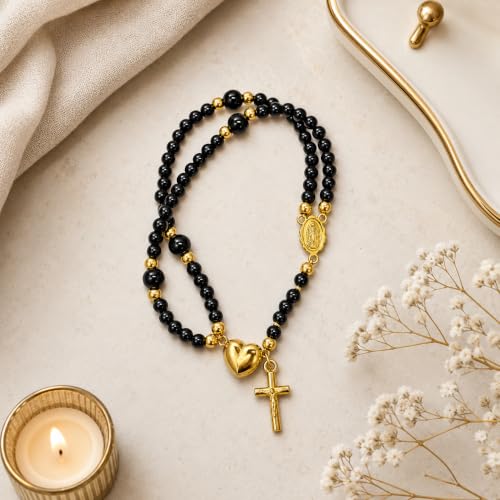 Grace & Faith: Handmade Rosary God Beads Bracelet Virgin Mary Cross Double Layer Chain Crucifix Religious Christian Faith Jewelry - color: Black&Silver Heart