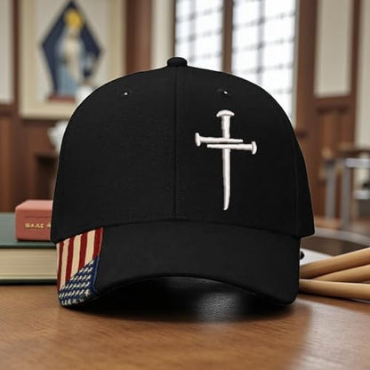 Christian Cross Baseball Cap, Religious Cross Design, Black Adjustable AM350 Flag Brim HAT Jesus Hat Choices Adjustable Hat and Free Decal.