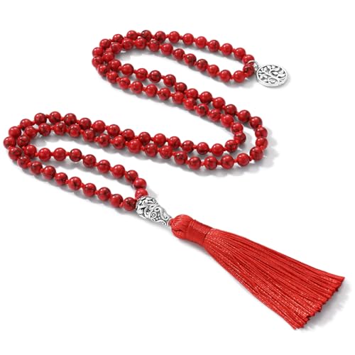 INBLUE 108 Mala Prayer Beads Wrap Necklace with Long Tassel Boho Necklace for Women Amazonite Bead Bracelet with Spiritual Tree of Life Pendant 108 Beads Necklace for Meditation - color: Natural Red Turquoise