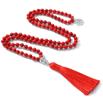 INBLUE 108 Mala Prayer Beads Wrap Necklace with Long Tassel Boho Necklace for Women Amazonite Bead Bracelet with Spiritual Tree of Life Pendant 108 Beads Necklace for Meditation - color: Natural Red Turquoise