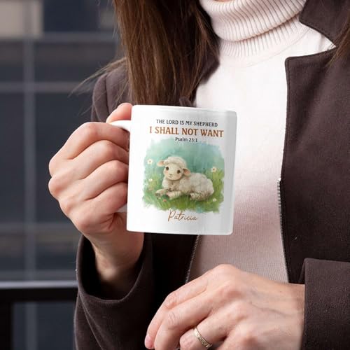 Adorable Lamb Illustration Mug, Customized Religious Cup For Grandparent, Personalized Christian Coffee Mug With Name, Novelty Bible Verse Ceramic Cup 11oz 15oz, Custom Christian Mug - color: HOA-624-2163-MY SHEPHERD MUG