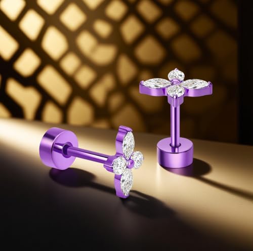 XUU Purple Stud Earrings 20G ASTM F136 Implant-Grade Titanium - color: purple lily