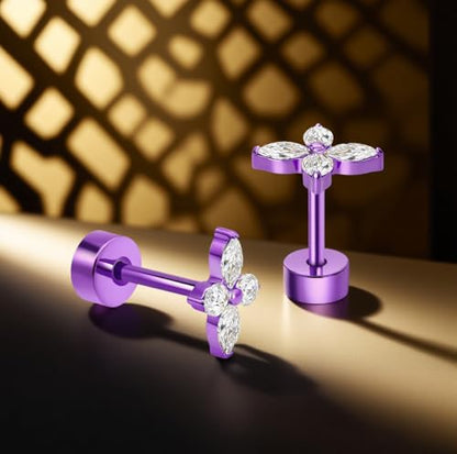 XUU Purple Stud Earrings 20G ASTM F136 Implant-Grade Titanium - color: purple lily