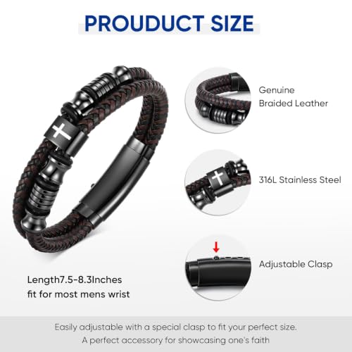 Christian Brown Leather Bracelet for Men - Double-Row Braided Leather Faith Cross Bracelets Bangle Religious Baptism Inspirational Bible Verse Jewelry Gift for Young Men Teenage, Adjustable Wristband - color: Custom Text Here