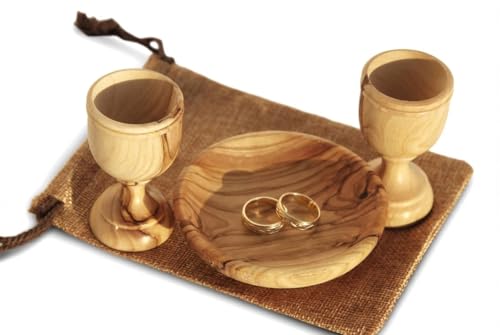 Christian Wedding Gifts – Olive Wood Communion Set Made in Bethlehem – 2 small Cups (3") & Bread Tray for Marriage Unity Ceremony – Authentic Holy Land Gift for Bride & Groom with Certificate - color: 2 Cup Set [Small]