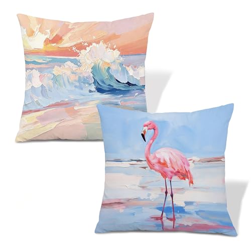 Pink Flamingo Coastal Beach Throw Pillow Covers 18x18, Flamingo Gifts, Pastel Preppy Nautical Ocean Decorative Pillow Covers for Home Bedroom Beach House, Set of 2 - color: Colour -I