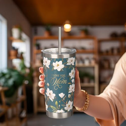Christian Art Gifts Large Stainless Steel Double Wall Vacuum Insulated Travel Tumbler for Mothers: Love You, Mom, Inspiring Scripture, Hot/Cold, Flip Top Lid, Resusable Straw, Dark Teal Floral, 18 oz. - color: Dark Teal Floral/Mom