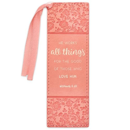 Christian Art Gifts Faux Leather Bookmark for Women: He Works All Things - color: Peach - All Things