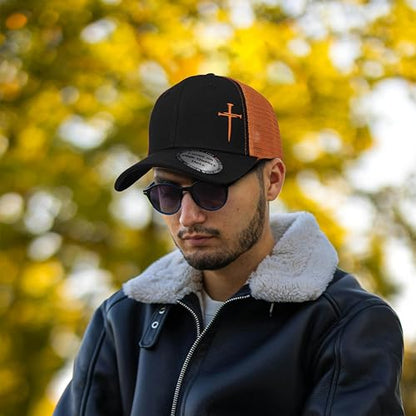 Christian Hats for Men Women,Jesus 3 Nail Cross Hat Christian Religious Gifts for Birthday/Christmas,Black and Silver - color: 08.black-orange