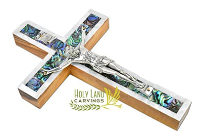 6 Inch Mother of Pearl Wall Crucifix Cross, Olive Wood Cross for Wall Covered with Mother of Pearl Made in the Holy Land