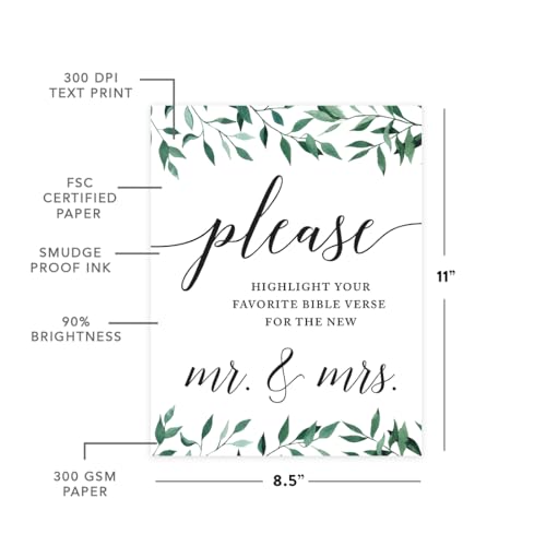 Andaz Press Wedding Party Signs, Natural Greenery Green Leaves, 8.5x11-inch, Please Highlight Your Favorite Bible Verse for the New Mr. & Mrs., 1-Pack - color: Activities Bible Verse