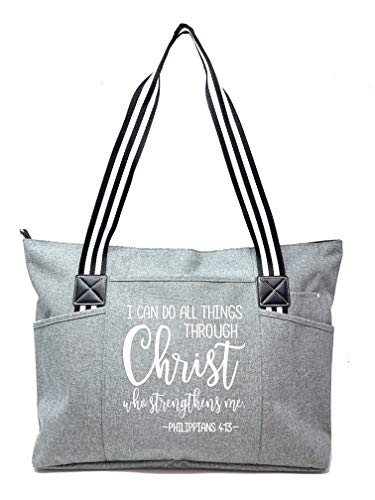 Brooke & Jess Designs Church Bags for Women - Bible Tote Bags for Women, Large Tote Bag for Womens with Zipper - color: Through Christ Gray Tessa