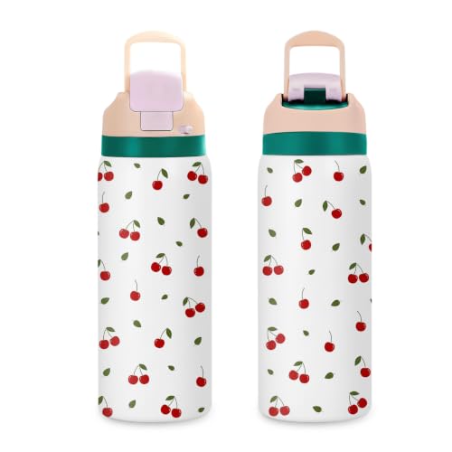 Cherry 32oz Insulated Water Bottle, Women Gift, Handle and 2-in-1 Lid, 1PCS - color: Cherry-White