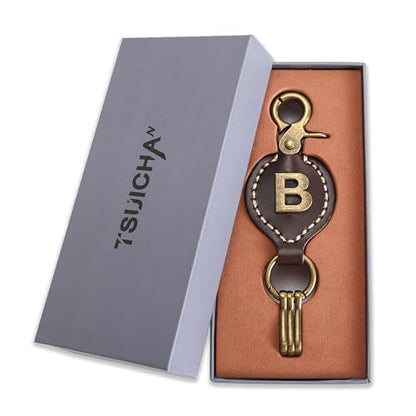 Initial Letter Keychain Brown Leather Alphabet Keychain with Easy Clasp, Key Car Key Bag Key Ring for Women Mens - color: B