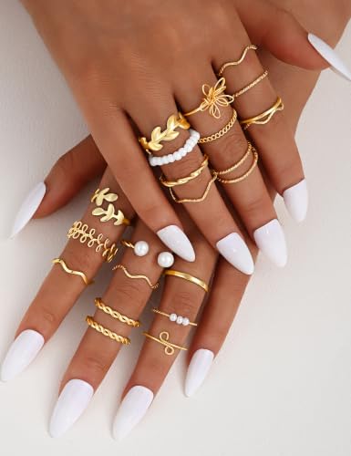 Gold Stackable Rings Set for Women, Gold Plated Chunky Crystal Finger Rings - color: Flower Gold