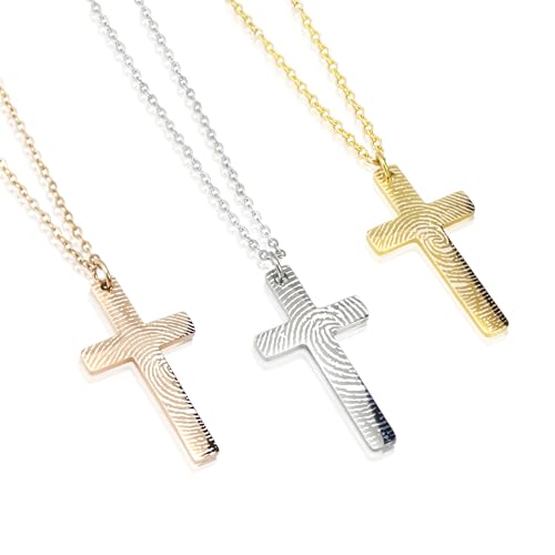 Personalized Engraved Fingerprint Cross Necklace Religious Stainless Steel Jewelry Memorized Motivate Pendant Name Message Pendants