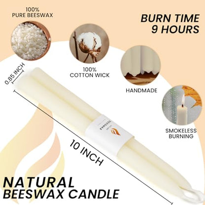 10PCS 10" Cream White Pure Beeswax Taper Candles, Wedding & Formal Dinner - color: White, size: 10”
