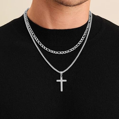 Fiusem 2 Pcs Cross Necklace Chain for Men, Stainless Steel Pendant - color: Silver, size: 16/18 Inches