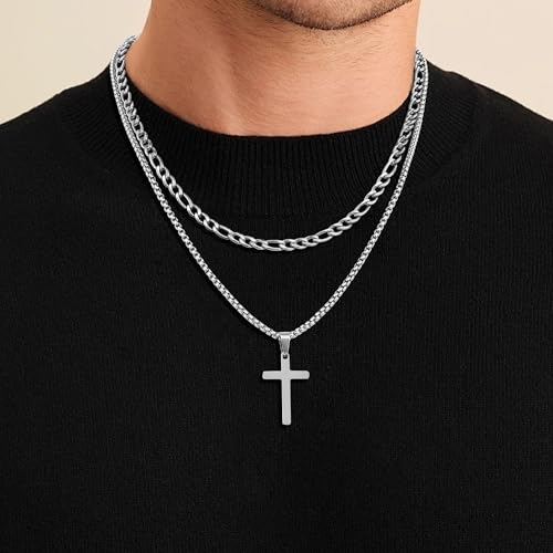 Fiusem 2 Pcs Cross Necklace Chain for Men, Stainless Steel Pendant - color: Silver, size: 22/24 Inches
