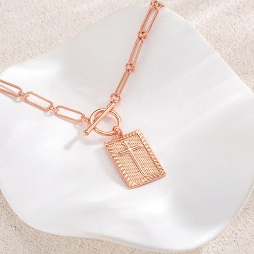 CHESKY Cross Necklace for Women Trendy, Dainty 14K Gold Plated Paperclip Charm Necklace for Womens Chunky Cross Pendant Necklace Gold Jewelry Religious Christian Gifts for Christians - color: Cross-RG