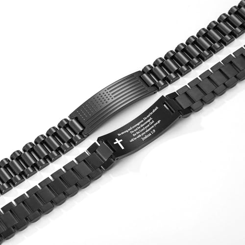 P. BLAKE American Flag Bible Verse Bracelet for Men, Stainless Steel Engraved Scripture Bracelet Christian Religious Christmas Birthday Jewelry Gifts - color: Black, size: Joshua 1:9