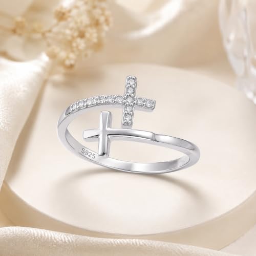 Cross Rings 925 Sterling Silver for Women Christian Religious Jewelry Faith Gifts for Mom Wife Girlfriend Her - color: White-7