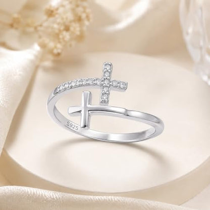 Cross Rings 925 Sterling Silver for Women Christian Religious Jewelry Faith Gifts for Mom Wife Girlfriend Her - color: White-7