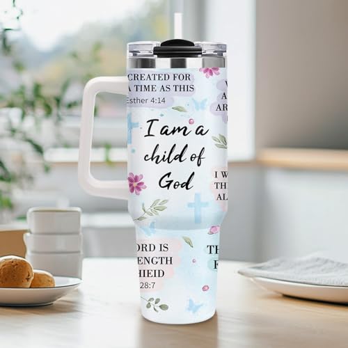 Christian Gifts for Women, 40oz Religious Tumbler with Handle , I Am a Child of God Stainless Steel Insulated Travel Mug, Mother's Day Birthday Inspirational Scripture Present for Mom Grandma Sister - color: Religious-D-276-E