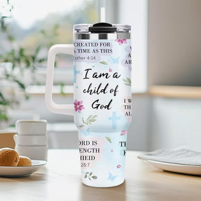 Christian Gifts for Women, 40oz Religious Tumbler with Handle , I Am a Child of God Stainless Steel Insulated Travel Mug, Mother's Day Birthday Inspirational Scripture Present for Mom Grandma Sister - color: Religious-D-276-E