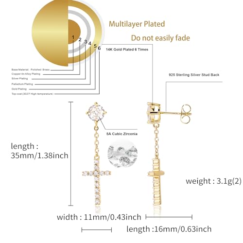 JINAO Cross Hoop Dangle Earrings for Men Women - color: Stud Cross Chain-Gold