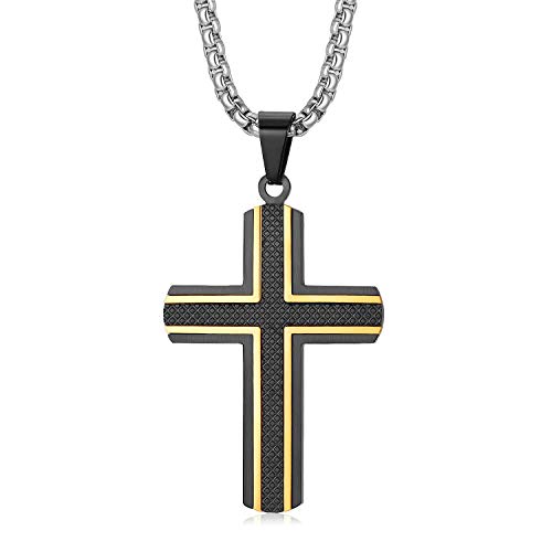 Holizaly Men's Cross Necklace 316L Stainless Steel Pendant White/Gold/Black/Blue Rolo Chain-Gift Box Included - color: Black gold