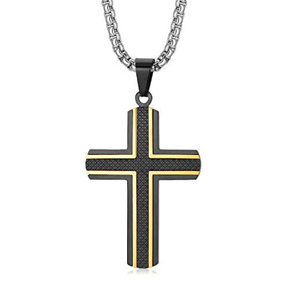 Holizaly Men's Cross Necklace 316L Stainless Steel Pendant White/Gold/Black/Blue Rolo Chain-Gift Box Included - color: Black gold