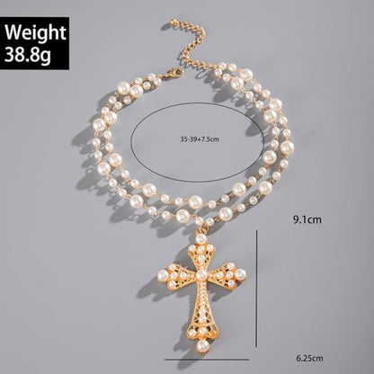 Pearl Cross Necklace Big Cross Pendants Necklaces for Women Chunky Pearl Necklace Gothic Cross Necklace Punk Vintage Cross Jewelry Women - style: Gold 05