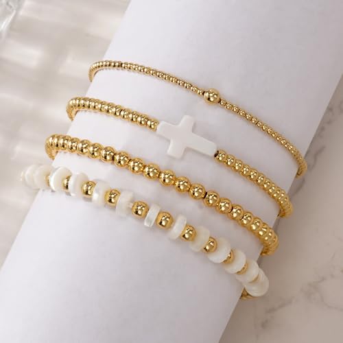 Gold Beaded Bracelets Stack for Women Stackable 14K Gold Plated Beads Ball Cross Bracelet Boho Christian Jewelry Faith Friendship Birthday Gifts for Women - color: 4pcs-White Cross