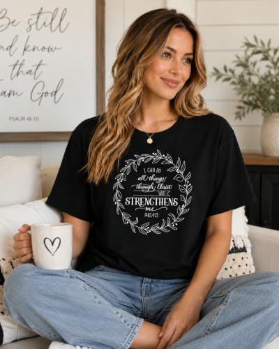 Christian Shirts for Women, Bible Verse Scripture, Jesus Faith Graphic Tee - color: Philippians 4:13 Wreath — Black, size: Medium