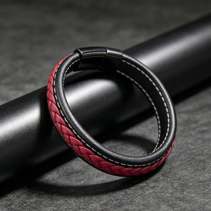 Kim Carrey Italian Handmade Leather Bracelets for Men - color: Black Red, size: 8.6"