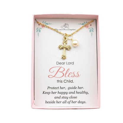 Little Girls Gold Cross Necklace with Crystal Pearl | 14" Plus 2" Extender Chain | Gift for Goddaughter | Baptism Jewelry | First Communion Gift
