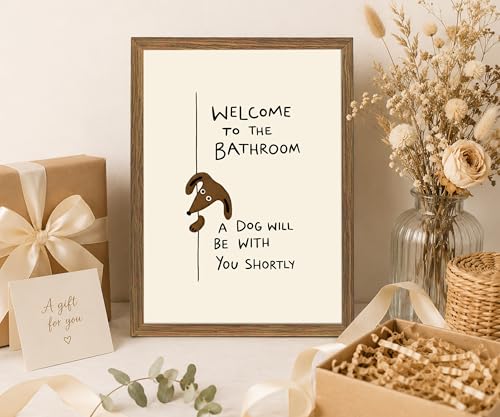 Funny Dog Bathroom Wall Art, Framed Canvas Print 16x24 In - color: Cream, Brown, Black, Natural Wood, size: 16"L x 24"W
