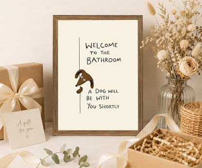 Funny Dog Bathroom Wall Art, Framed Canvas Print 16x24 In - color: Cream, Brown, Black, Natural Wood, size: 16"L x 24"W